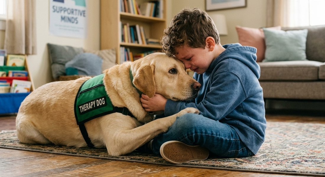 a child being consoled by a therapy dog