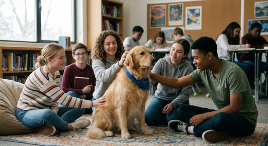 a dog helping to relax students in a school classroom