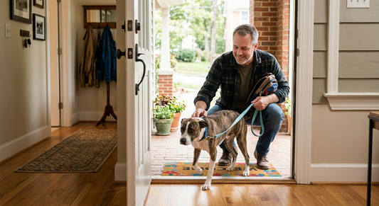 a man fostering a rescued dog