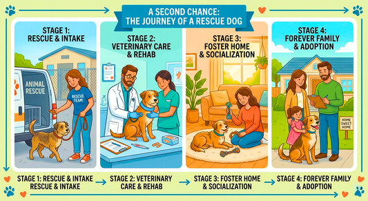 an illustration depicting the journey of a rescue dog