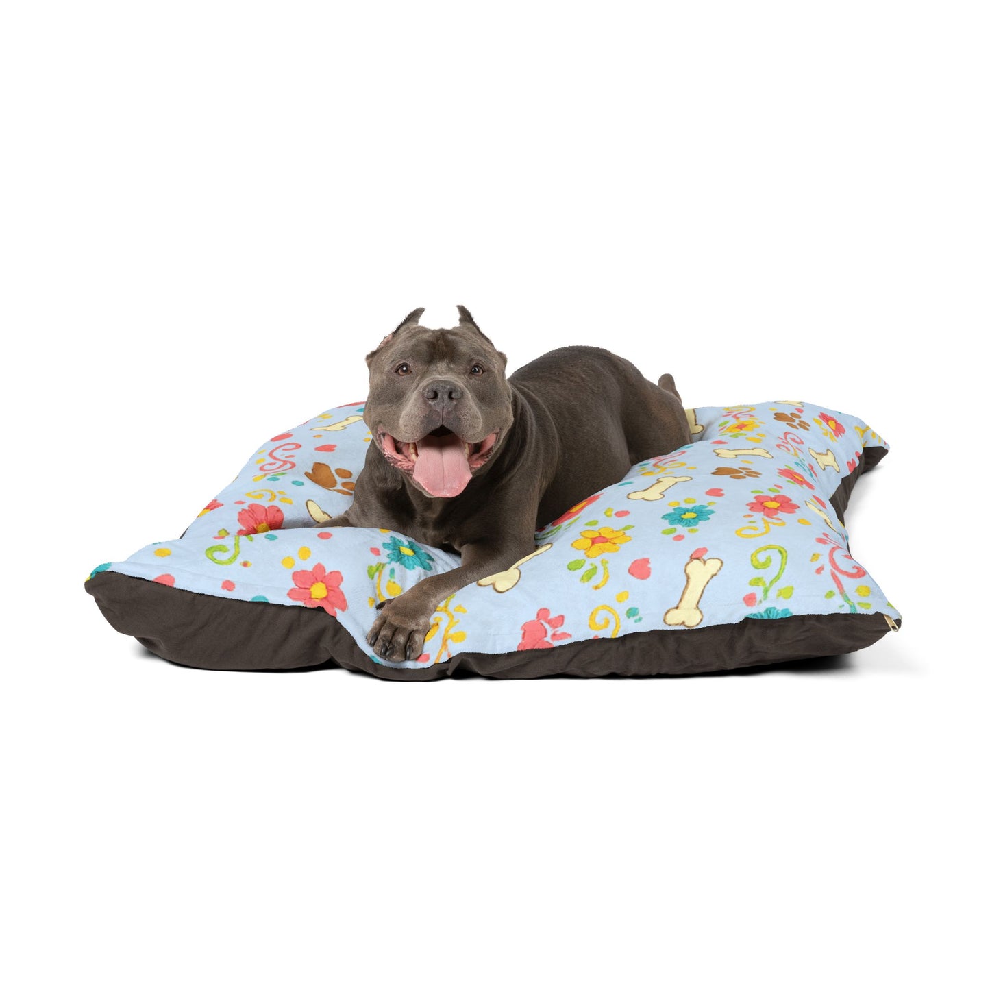 Dog Bed - Plush Ice Blue Floral and Bones