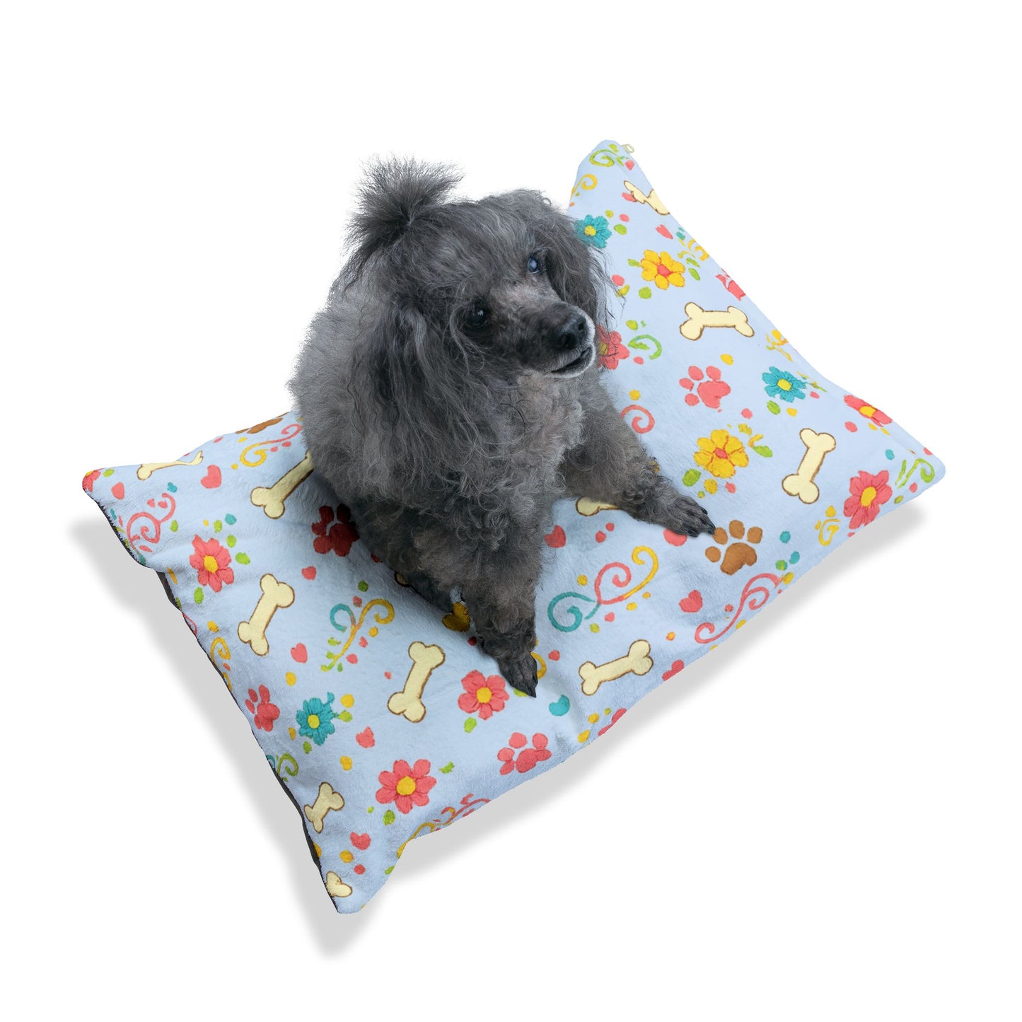 Dog Bed - Plush Ice Blue Floral and Bones