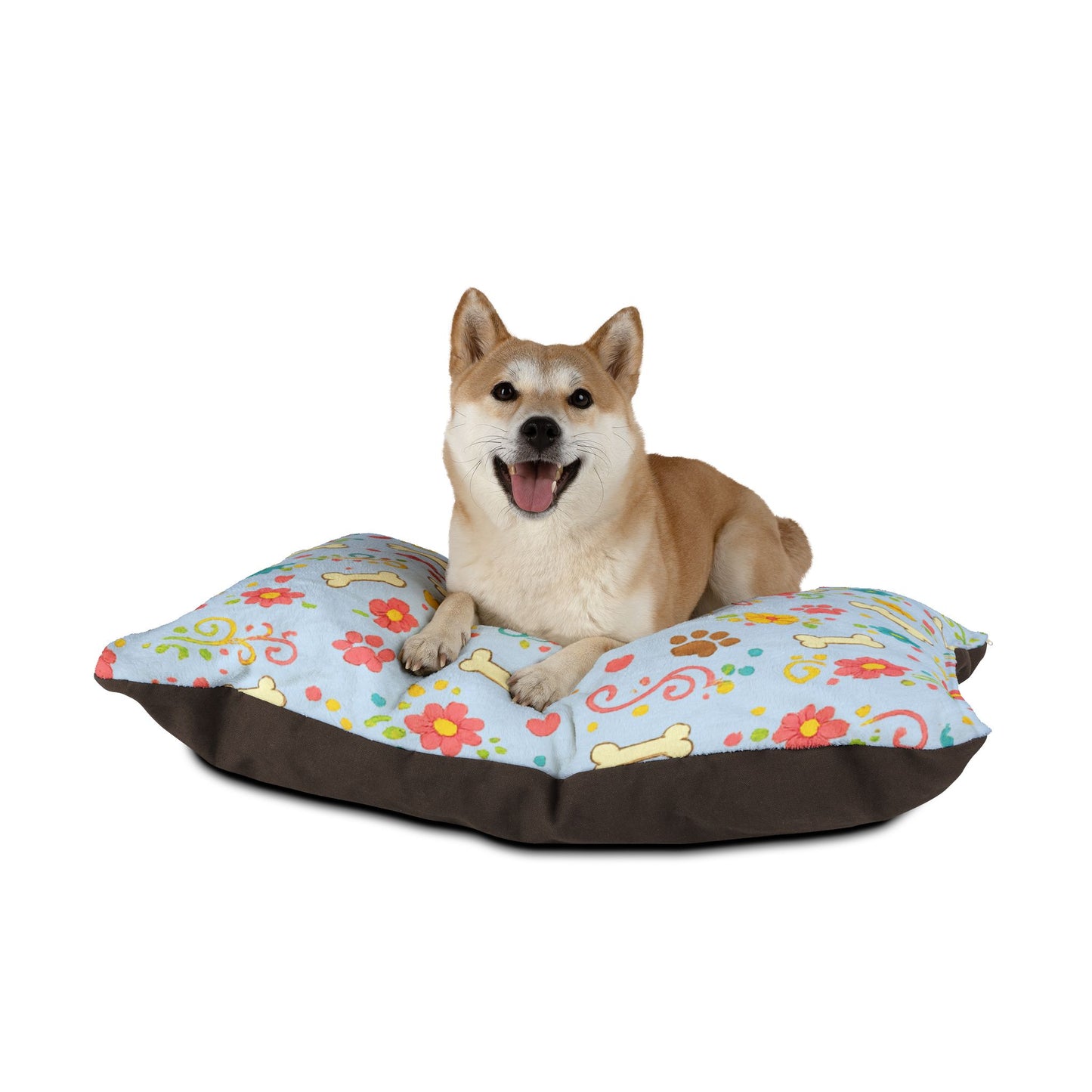 Dog Bed - Plush Ice Blue Floral and Bones