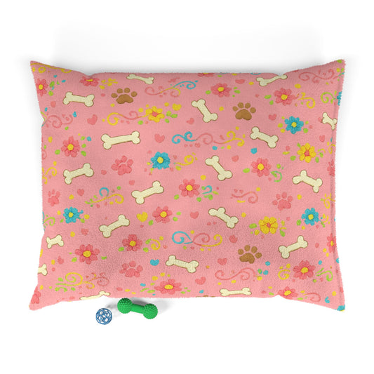 Dog Bed - Plush Pink Floral and Bones