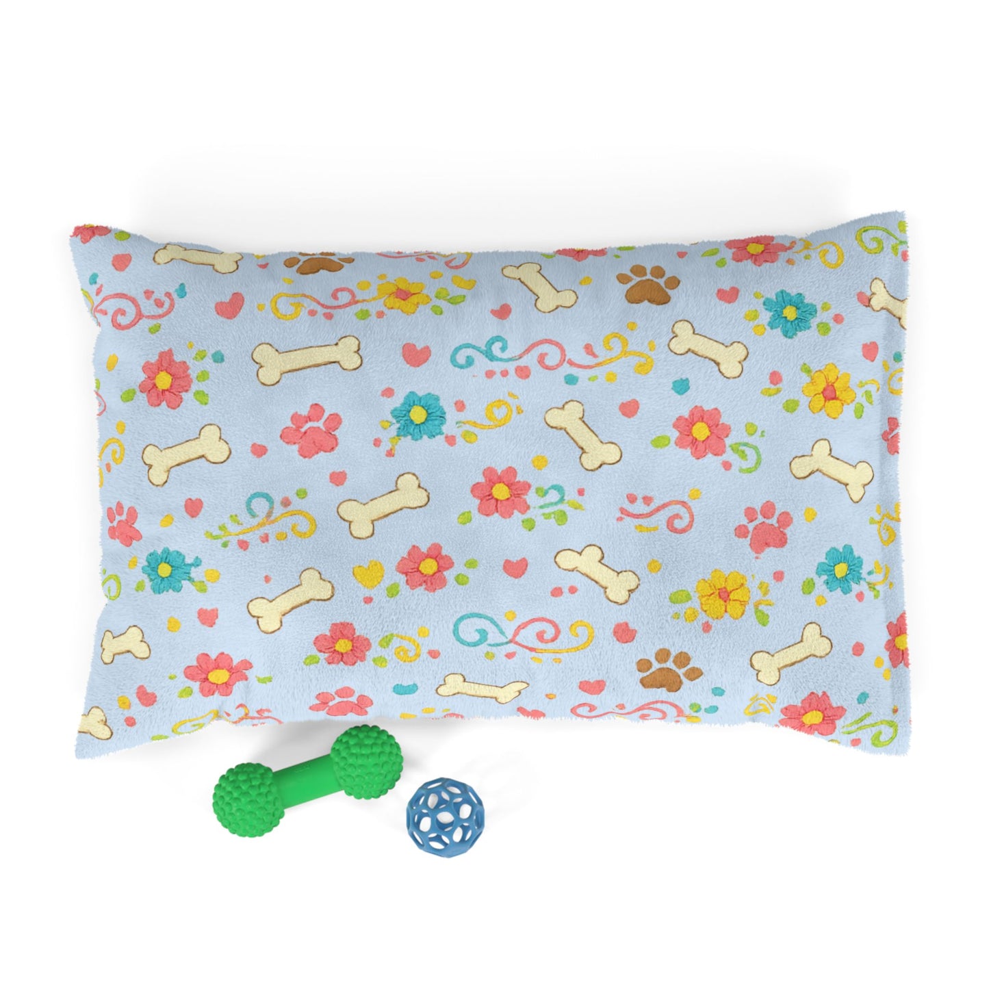 Dog Bed - Plush Ice Blue Floral and Bones