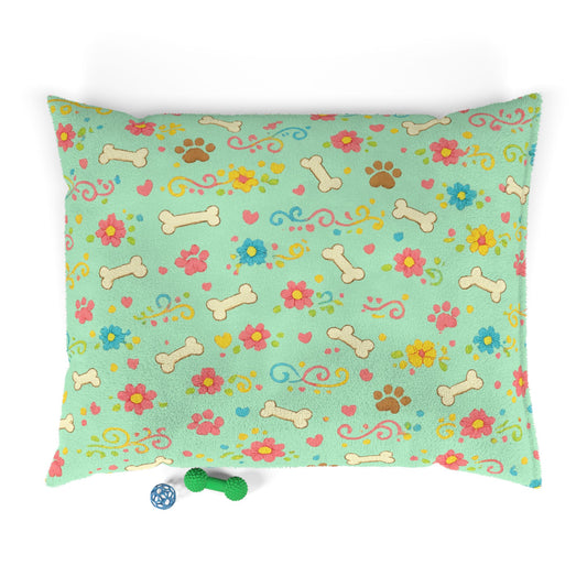 Dog Bed - Plush Mint Floral and Bones