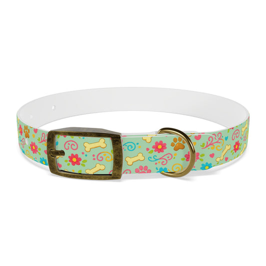 Dog Collar - Light Green Floral & Bones