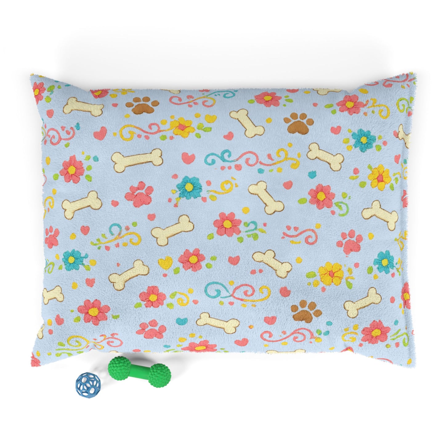 Dog Bed - Plush Ice Blue Floral and Bones